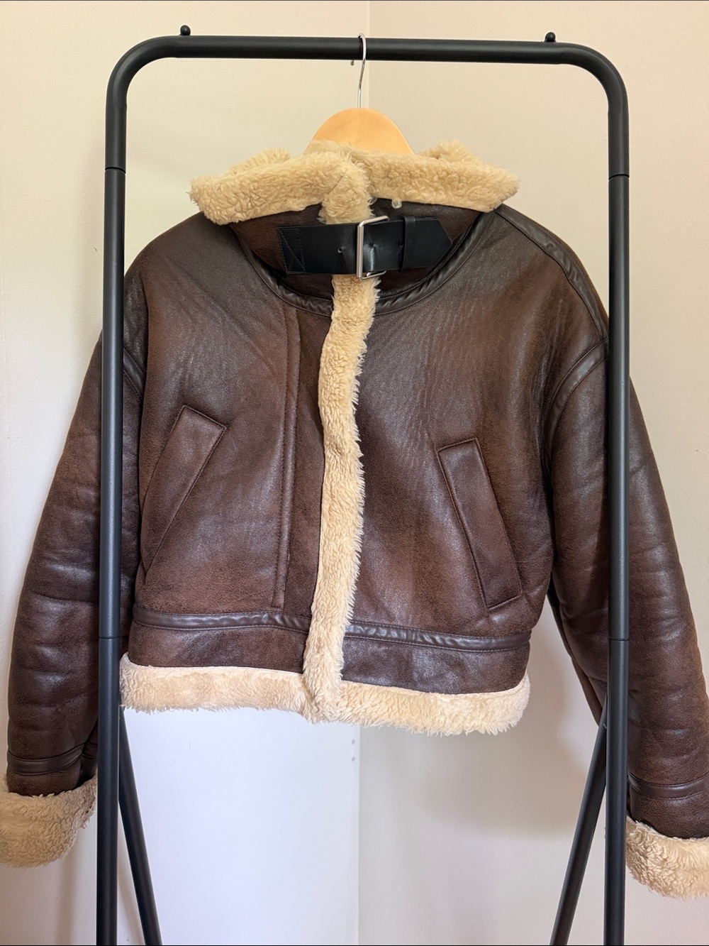 ZARA Sherpa-Lined Brown Leather Aviator Bomber Jacket - Picture 2 of 5